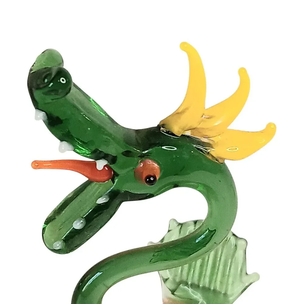 VTG Miniature Hand Blown Glass Dragon Green Yellow Orange Tongue 5